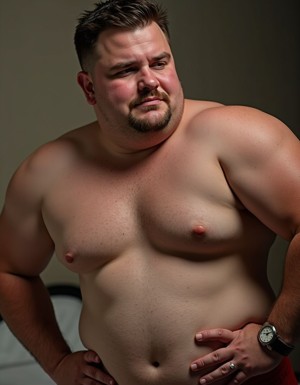 Hombre corpulento y musculoso posando sin camiseta en un interior con luz tenue, mostrando el torso desnudo, hombros anchos, pecho amplio, abdomen con vello ligero y ombligo visible. Tiene el pelo corto y oscuro peinado hacia arriba, barba recortada tipo perilla y una expresión seria o pensativa mientras mira hacia un lado. Apoya ambas manos en la cintura, destacando los brazos fuertes y la postura segura; en una mano lleva un anillo y en la muñeca un reloj de correa oscura. El fondo es sencillo y desenfocado, con tonos neutros que centran la atención en el retrato masculino, la piel iluminada y la pose íntima de estudio.