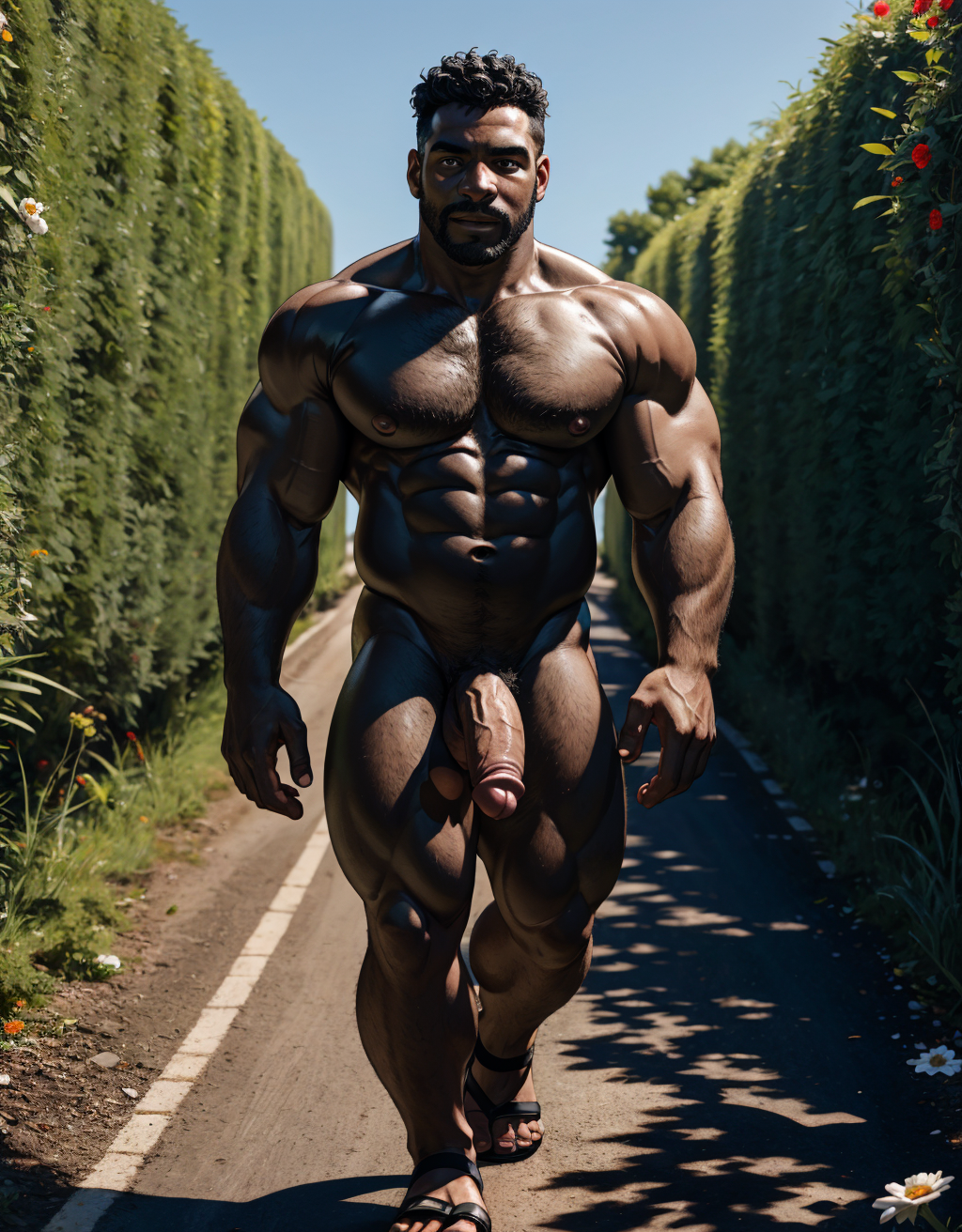 Hombre negro desnudo, musculoso, tiene pene negro, tiene testículos negros. Tiene sandalias negras. Tiene mucho vello negro. Tiene pezones grandes largos y puntiagudos: 1.9. Tiene pelo largo rizado negro. Está andando por un camino en el campo con flores negras. Sale líquido blanco por sus pezones
