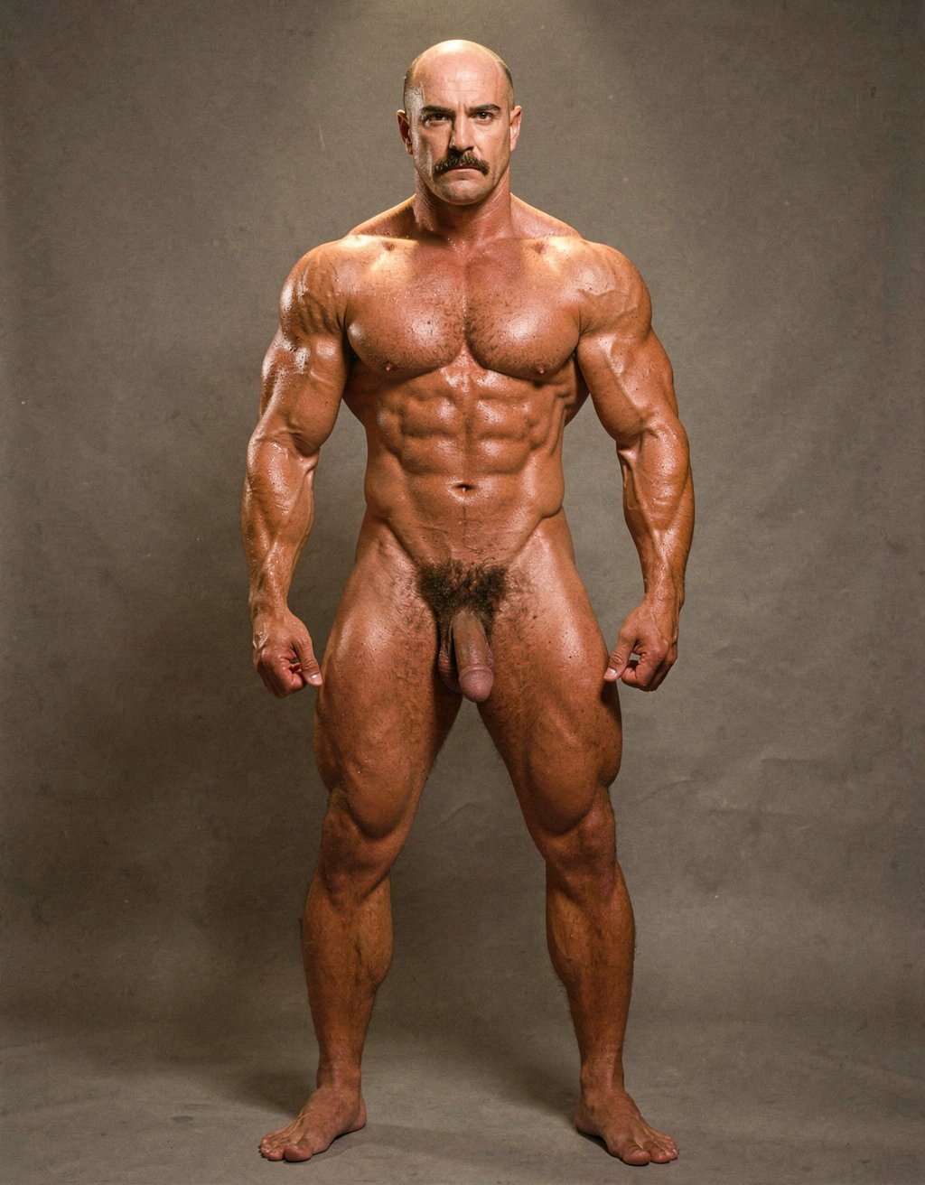 Mike Morris, the 32-year-old Caucasian bodybuilder with an athletic and extremely defined muscular physique, stands at full attention in a strict military pose, feet together, legs straight, back rigidly upright, shoulders back, chest thrust forward, arms at his sides with fists clenched, and head held high looking straight ahead with a serious, almost threatening expression. Full body shot from the tips of his toes to the top of his bald head. He is completely naked. His advanced Norwood III-IV male pattern baldness is clearly visible, with a shiny tanned scalp on top, short dark brown hair only on the sides and back. His square, angular face with strong jaw, prominent cheekbones, thick dark handlebar mustache, heavy brows, and intense deep-set brown eyes under slightly hooded lids stares forward with firm authority. His massive square pectorals are pushed out, dark brown chest hair forming a dense classic T-pattern down the sternum and spreading across his wide six-pack abs. Small dark nipples sit low on the pecs. A trail of dark hair leads to an extremely dense, thick, curly dark brown pubic bush that climbs almost to his navel. His heavy 14 cm flaccid cock hangs thick over large, low-hanging hairy testicles, the skin of the shaft noticeably lighter than his tanned body. Powerful veined forearms, developed traps flowing into delts, defined quads with visible separation, diamond-shaped calves, and hairy feet complete the figure. Warm directional studio lighting from above and slightly to the side creates sharp highlights on his oiled skin, deep shadows that accentuate every muscle fiber, the texture of his dense body hair, and the contrast between his tanned body and lighter genital area. Photorealistic, 1970s Colt Studio aesthetic, high contrast, masculine and commanding presence, grainy film texture.
