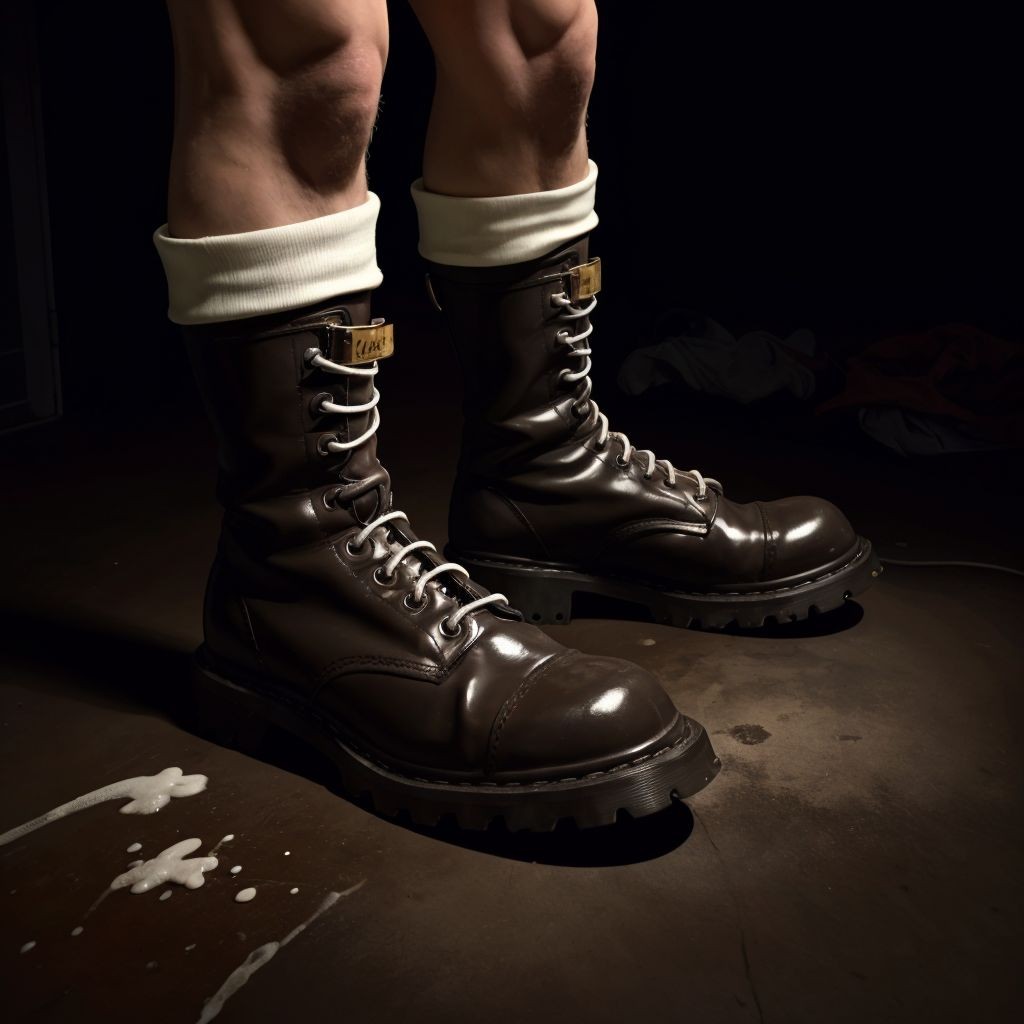 Un primer plano de unas piernas desnudas calzadas con botas altas de cuero marrón oscuro, brillantes y robustas, con cordones claros, ojales metálicos y suela gruesa de estilo militar o industrial, apoyadas sobre un suelo oscuro de aspecto gastado. Los calcetines blancos aparecen doblados hacia fuera sobre la parte superior de las botas, creando un contraste marcado con el cuero pulido y la iluminación tenue. La escena tiene un ambiente sombrío, casi de vestuario o habitación poco iluminada, con ropa desenfocada al fondo y varias salpicaduras blancas espesas sobre el suelo cerca de las botas, que añaden un detalle crudo y llamativo a la composición.