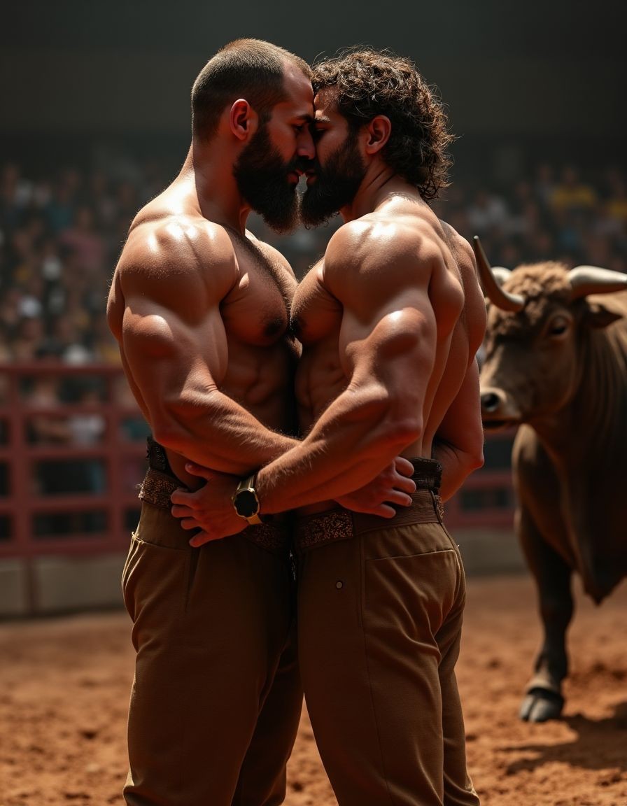 Un torero español musculoso y velludo de 50 años, con torso atlético y marcado, se muestra completamente desnudo, destacando su pene de 30 cm de longitud y 5 cm de grosor, perfectamente formado y rodeado de un denso vello púbico castaño oscuro. Sus testículos, perfectamente formados, cuelgan de forma prominente. La piel bronceada y sudorosa resalta su musculatura definida, con pectorales y abdominales bien marcados y sin grasa. El cabello largo y castaño oscuro está despeinado y sudoroso, con gotas de sudor resbalando por su frente y mejillas. Una barba incipiente y un vello corporal denso que se extiende por su pecho, piernas y brazos completan su apariencia viril. Lleva zapatillas doradas en sus pies.

A su lado, un hombre musculoso y velludo de 30 años, completamente desnudo, muestra un pene de 30 cm de longitud y 7 cm de grosor, hermoso y perfecto, rodeado de un denso vello púbico pelirrojo. Su piel bronceada y sudorosa muestra una musculatura definida, con pectorales y abdominales muy marcados. Tiene cabello pelirrojo despeinado y sudoroso. Tiene una barba pelirroja densa pero bien recortada. El vello corporal pelirrojo denso cubre su pecho, y tiene mucho vello pelirrojo en sus piernas y brazos, lo que realza su apariencia masculina y atlética. Están en la plaza de toros con un toro salvaje. Se aman

Ambos hombres se encuentran en una plaza de toros, con sombras que resaltan su musculatura y vello corporal, creando un ambiente sensual y cargado de tensión. Están en pleno acto de pasión, con sus penes erectos y testículos prominentes ,destacando su musculatura, vello corporal y atributos viriles en una imagen impactante y llena de energía. La escena está llena de sensualidad y poder, con los dos hombres como protagonistas, en un ambiente cargado de pasión y erotismo. La imagen es híper realista, con detalles de alta calidad, y muestra la unión de los dos hombres en un acto de pasión y dominio, con sus cuerpos musculosos y velludos completamente desnudos y visibles, mostrando su excitación y pasión en cada detalle. Tienen sus penes erectos. Están totalmente desnudos. Tienen un pene de 40 cm de longitud y 7 cm de diámetro. Son felices y sonríen. Amor. Se abrazan por la cintura con fuerza y pasión, están muy juntos. Sexo fuerte.