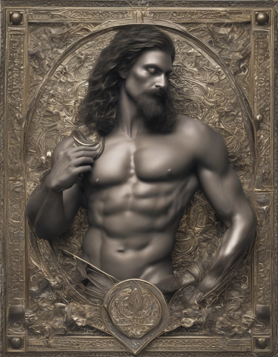 A detailed artistic naked rendering of Elias, the archetype of the Lover, set in a serene Mediterranean hillside garden. Photorealistic style captures his strong, athletic physique with well-defined muscles that exude strength and confidence. His skin tone is a rich, warm Mediterranean hue, illuminated by golden sunlight. Intricate tattoos adorned with black sigils, ancient runes, and celestial motifs cover his chest, arms, and thighs, enhancing his natural contours with a mystical glow.  His posture is relaxed yet confident, with a gaze that is intense yet inviting, and an expression that mixes warmth with a playful charm. Elias's form is celebrated for its elegance, power, and emotional depth. The focus is also on his impressively sized anatomy, artfully integrated into the scene, showcasing its natural color gradient and detailed features that emphasize his prowess and sensuality. The background features a lush garden with olive trees and vibrant greenery, highlighting his deep connection to nature and the earth's beauty.