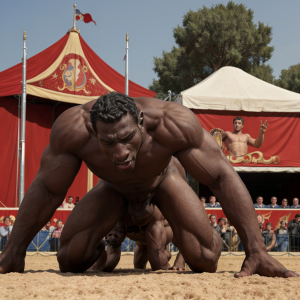negro puesto a cuatro patas, follado por caballo, en fondo de circo romano