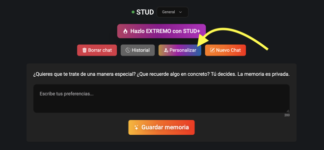 Xtudr - Grupo STUD Chat Nota para principiantes: Las personalizaciones se deben guardar en las opciones de STUD Chat.

- Pulsa el botón superior derecho del chat.

- Pulsa sobre 